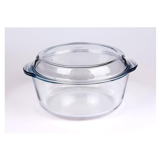 Clear glass baking dish with lid on a white background