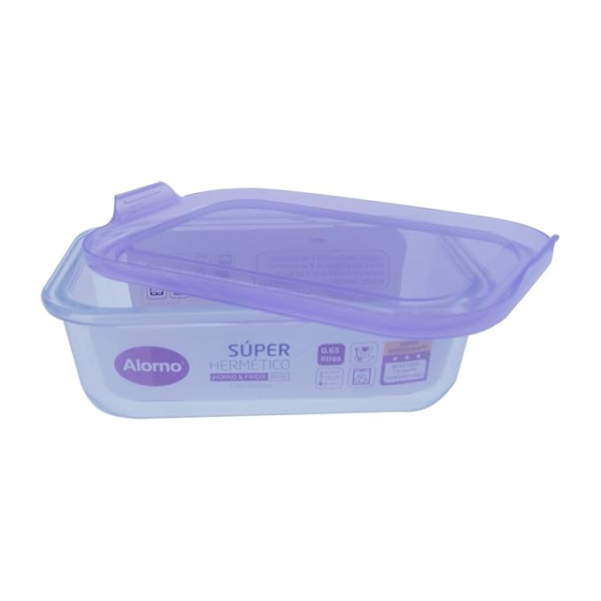 Glass storage container with a purple lid on a white background