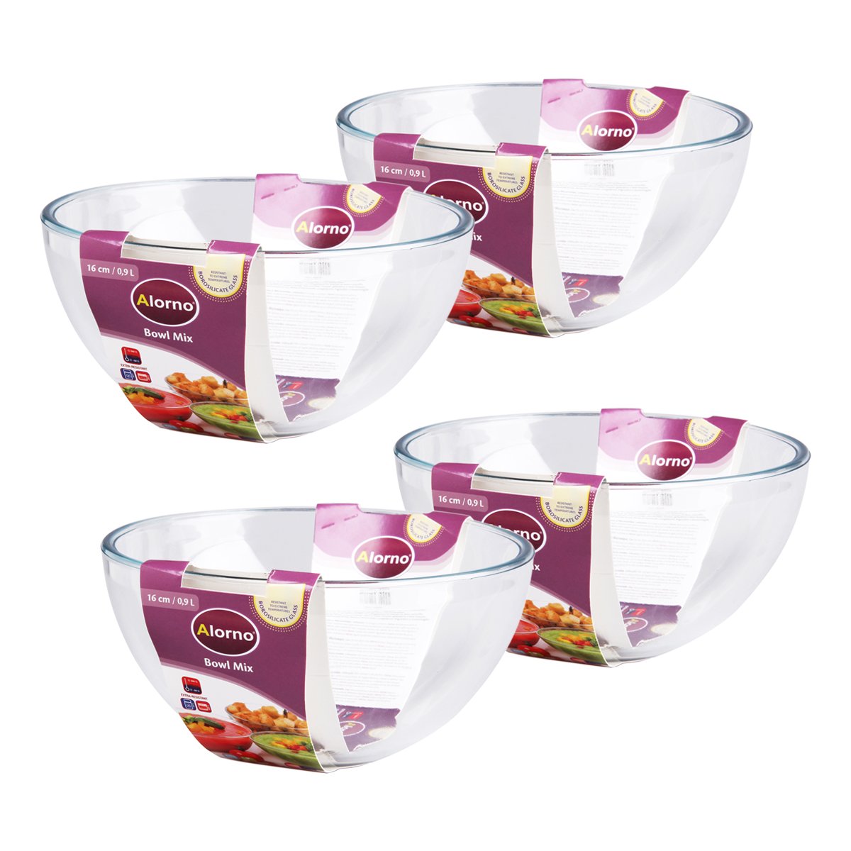Alorno borosilicate glass mixing and serving bowls set of 4, 900ml, clear round design