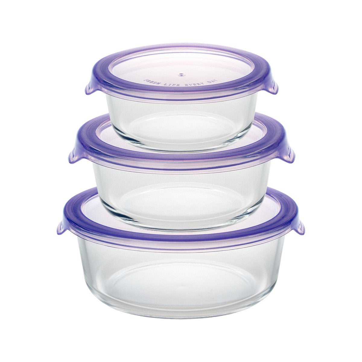 Set of three clear glass food containers with purple lids on a white background