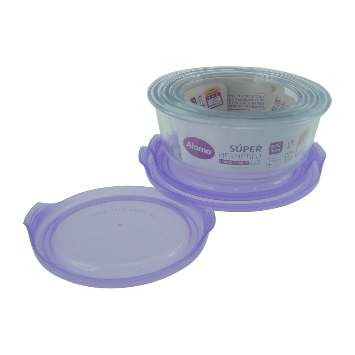 Set of glass food storage containers with purple lids on a white background
