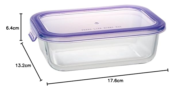 Glass food storage container with purple lid and measurements on a white background
