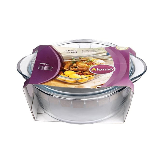 Glass food container with a purple lid featuring an image of food and 'Alorno' branding on a white background.