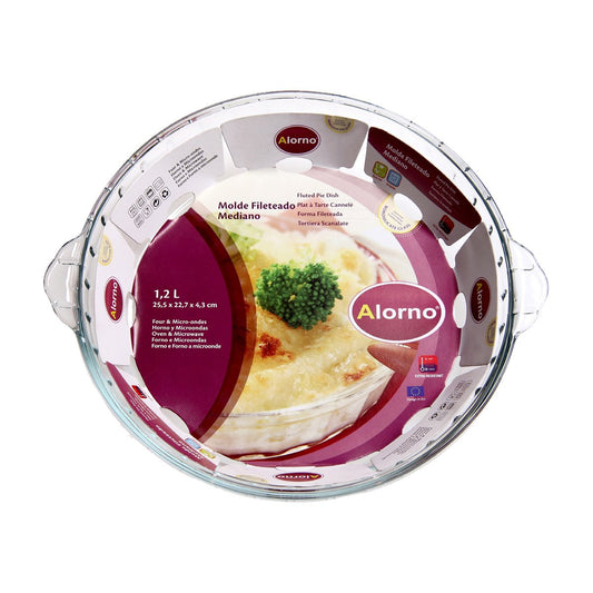 Glass pie dish with Alorno brand packaging on a white background