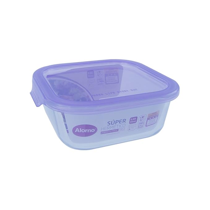 Clear glass storage container with purple lid on a white background