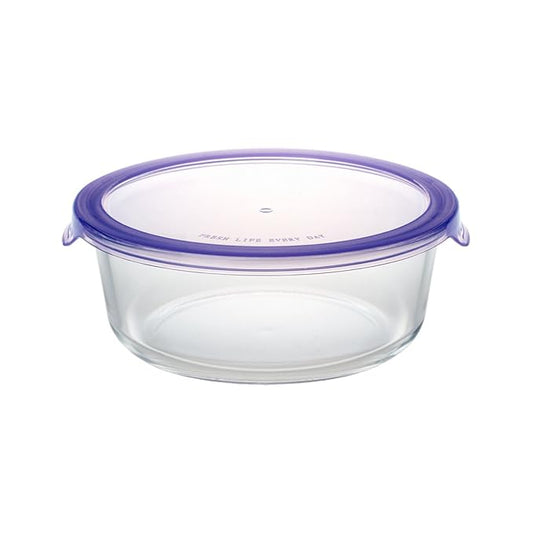 Clear glass food container with a purple lid on a white background